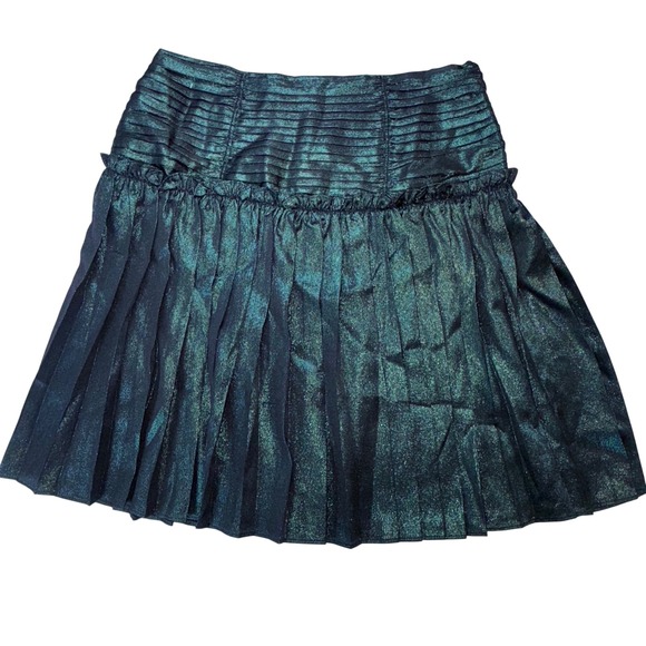 Current Air Metallic Pleated Mini Skirt Green Ruched Waist Side Zip Womens Small - Picture 2 of 7